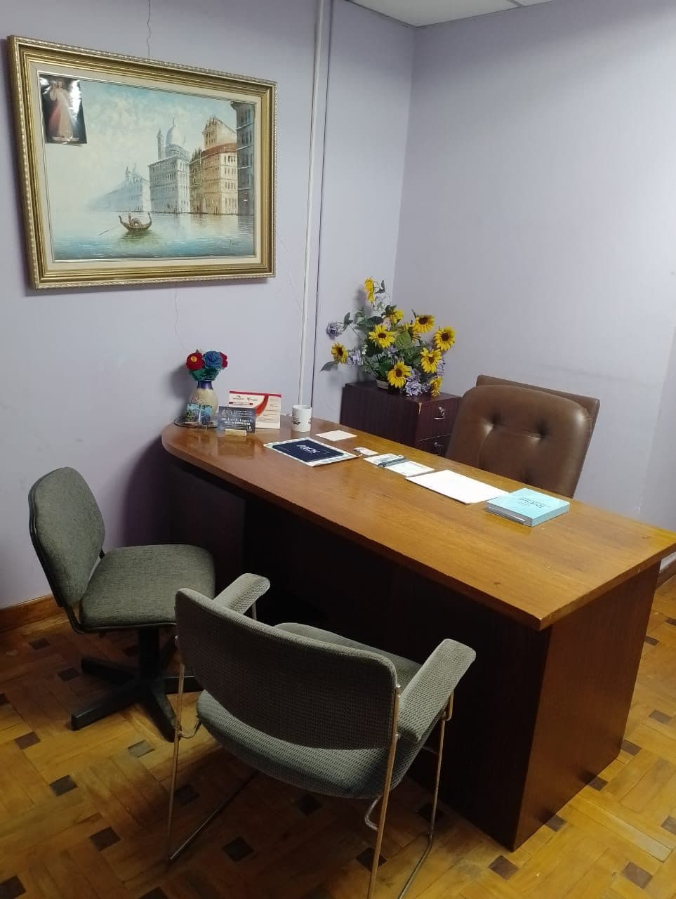 Consultorio del Dr. Iván López: escritorio de madera, dos sillas para pacientes, un cuadro y flores