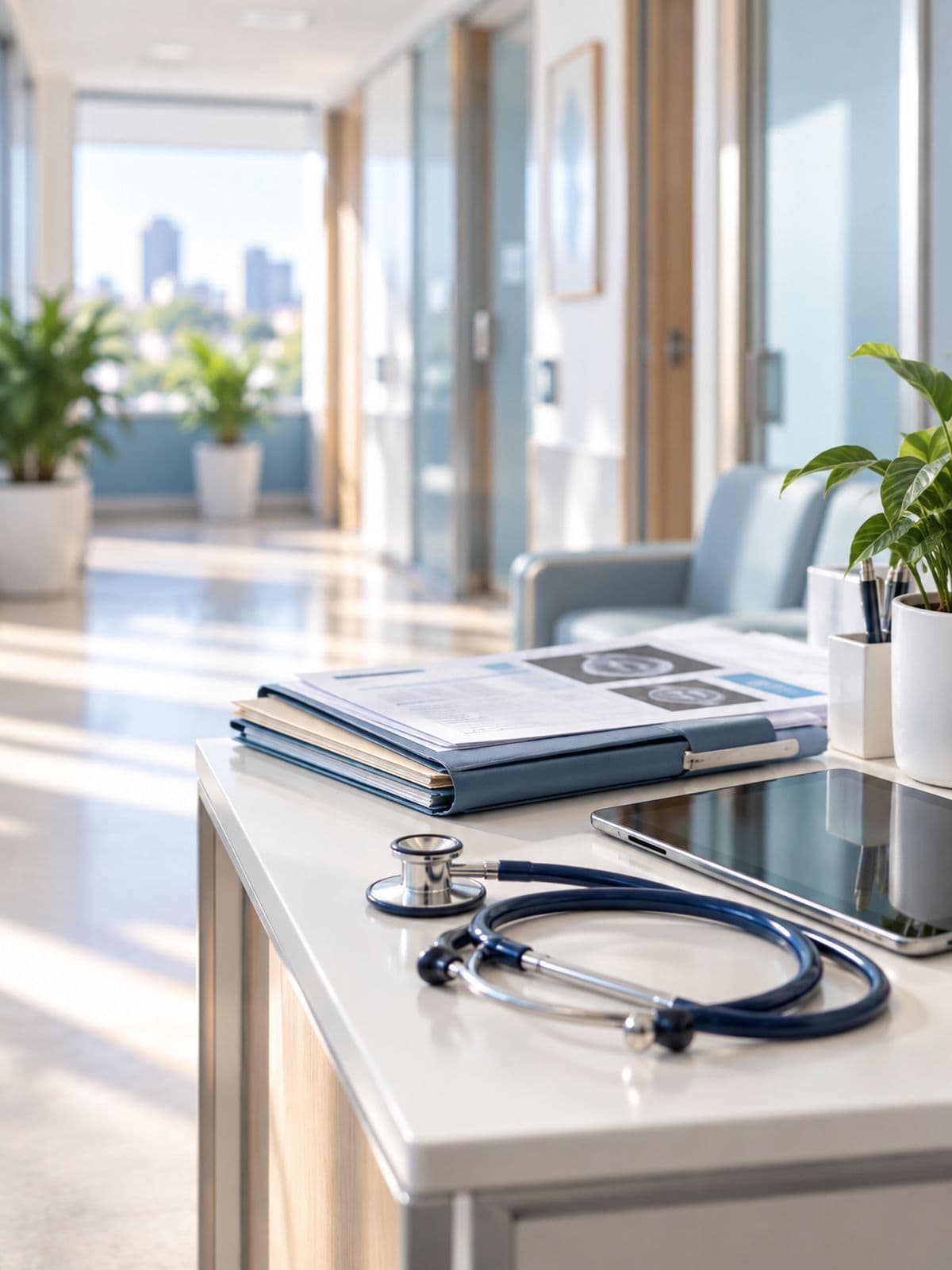 Carpetas de informes médicos, una tableta y un estetoscopio sobre una mesa en el pasillo de la clínica