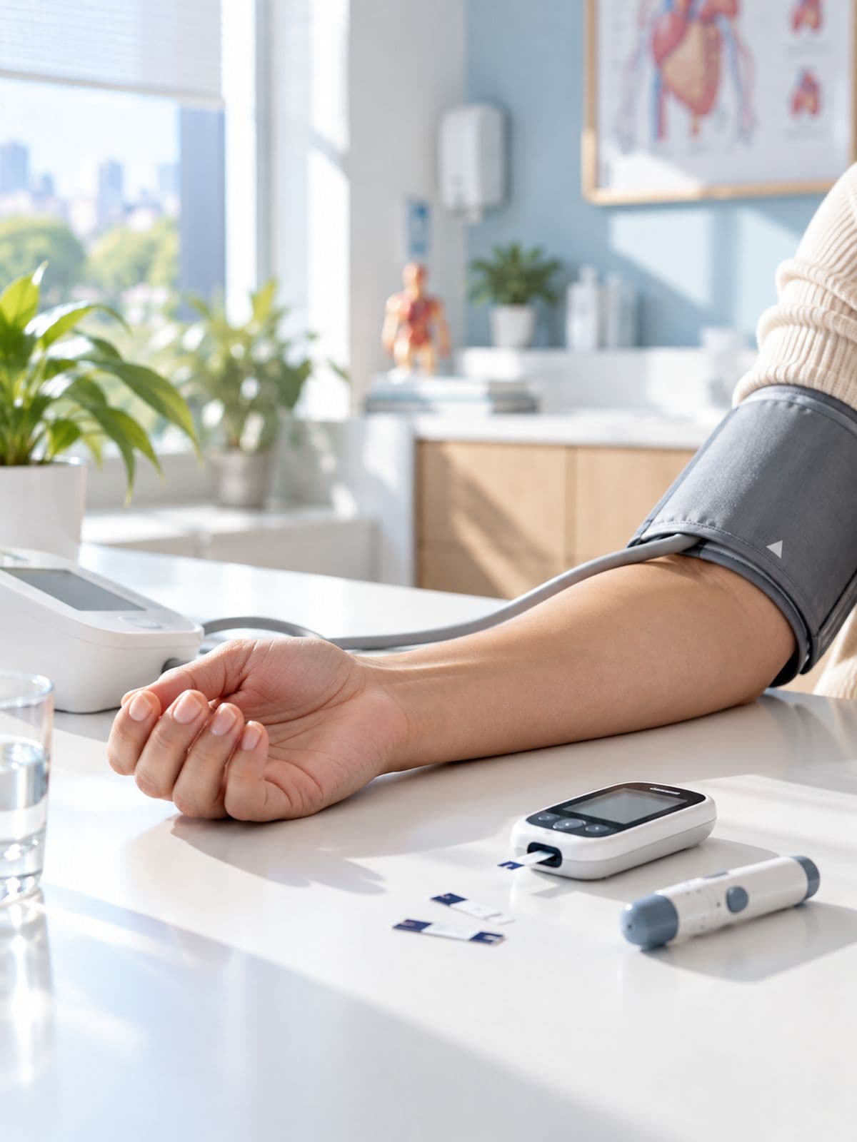 Brazo de un paciente con el brazalete del tensiómetro, junto a un glucómetro sobre la mesa