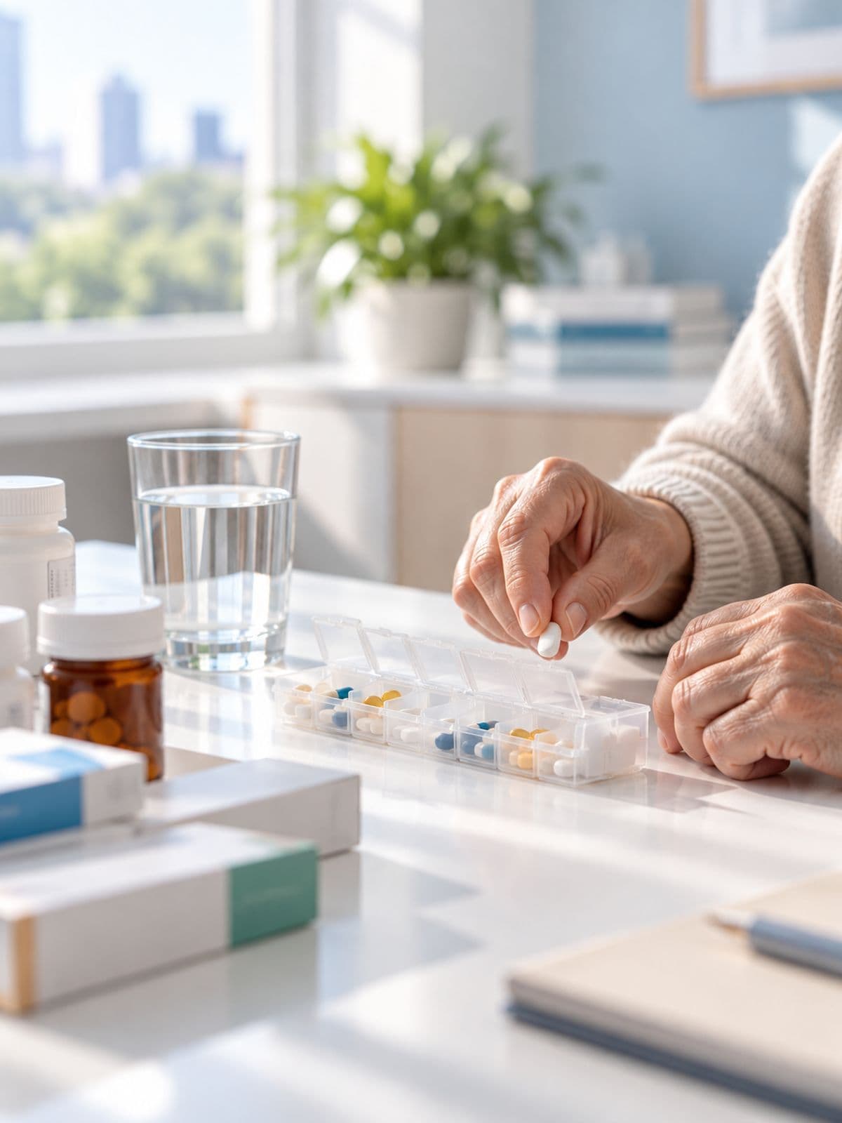 Manos de una persona mayor organizando sus medicamentos en un pastillero semanal